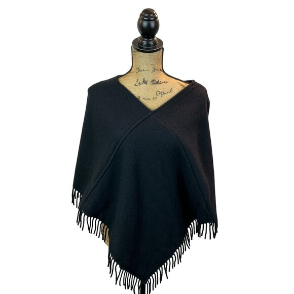 James Pringle Weavers 100% Wool Black Fringe Poncho Wrap Womens Made In Scotland - Picture 2 of 7